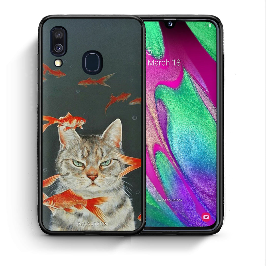 Θήκη Samsung A40 Cat Goldfish από τη Smartfits με σχέδιο στο πίσω μέρος και μαύρο περίβλημα | Samsung A40 Cat Goldfish case with colorful back and black bezels