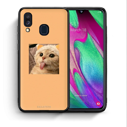 Θήκη Samsung A40 Cat Tongue από τη Smartfits με σχέδιο στο πίσω μέρος και μαύρο περίβλημα | Samsung A40 Cat Tongue case with colorful back and black bezels