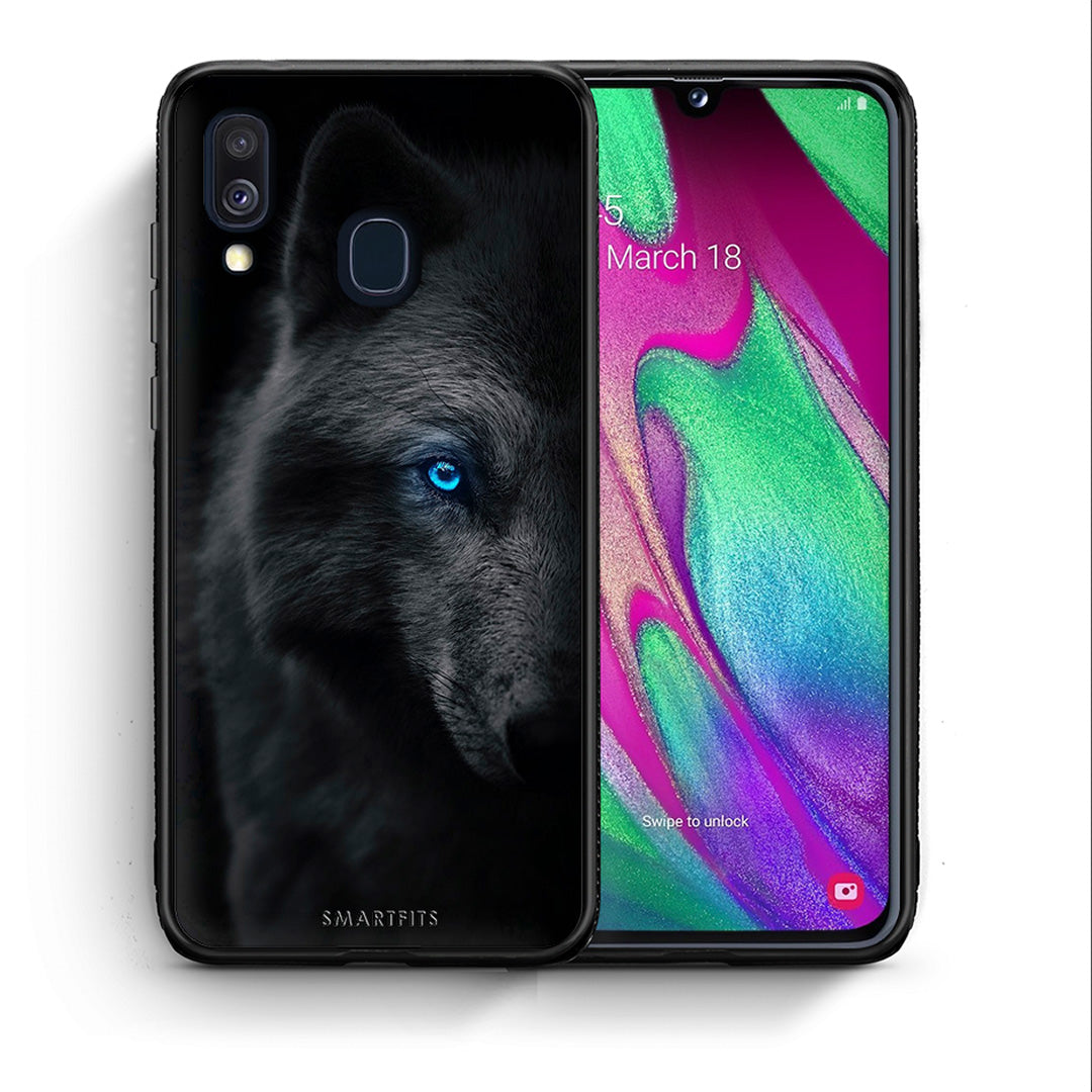 Θήκη Samsung A40 Dark Wolf από τη Smartfits με σχέδιο στο πίσω μέρος και μαύρο περίβλημα | Samsung A40 Dark Wolf case with colorful back and black bezels