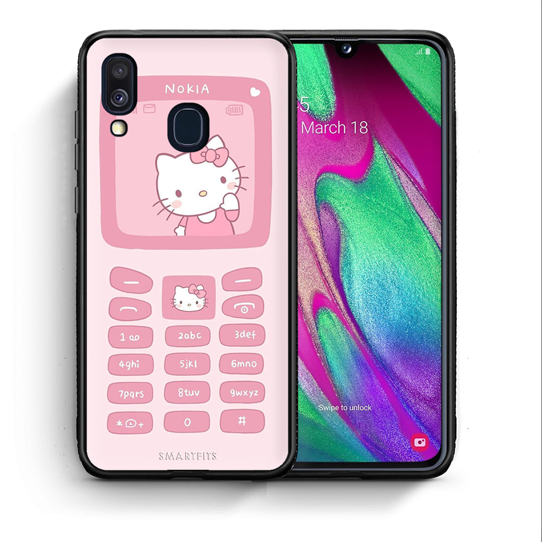 Θήκη Αγίου Βαλεντίνου Samsung A40 Hello Kitten από τη Smartfits με σχέδιο στο πίσω μέρος και μαύρο περίβλημα | Samsung A40 Hello Kitten case with colorful back and black bezels