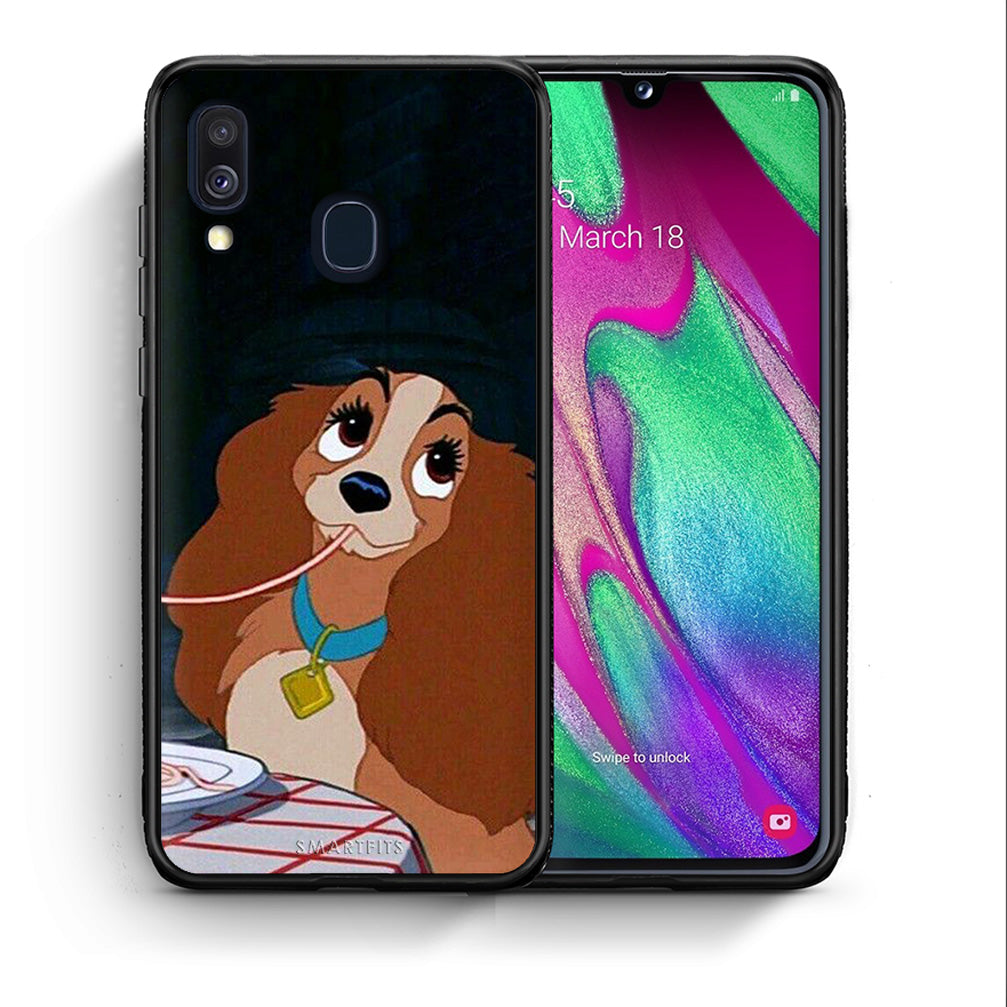 Θήκη Αγίου Βαλεντίνου Samsung A40 Lady And Tramp 2 από τη Smartfits με σχέδιο στο πίσω μέρος και μαύρο περίβλημα | Samsung A40 Lady And Tramp 2 case with colorful back and black bezels