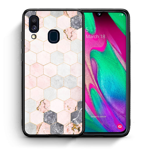 Θήκη Samsung A40 Hexagon Pink Marble από τη Smartfits με σχέδιο στο πίσω μέρος και μαύρο περίβλημα | Samsung A40 Hexagon Pink Marble case with colorful back and black bezels