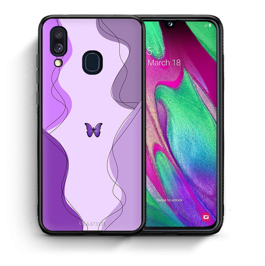 Θήκη Αγίου Βαλεντίνου Samsung A40 Purple Mariposa από τη Smartfits με σχέδιο στο πίσω μέρος και μαύρο περίβλημα | Samsung A40 Purple Mariposa case with colorful back and black bezels
