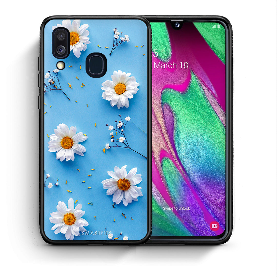 Θήκη Samsung A40 Real Daisies από τη Smartfits με σχέδιο στο πίσω μέρος και μαύρο περίβλημα | Samsung A40 Real Daisies case with colorful back and black bezels