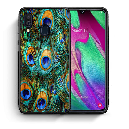 Θήκη Samsung A40 Real Peacock Feathers από τη Smartfits με σχέδιο στο πίσω μέρος και μαύρο περίβλημα | Samsung A40 Real Peacock Feathers case with colorful back and black bezels