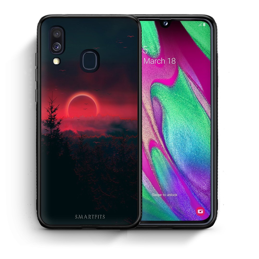 Θήκη Samsung A40 Sunset Tropic από τη Smartfits με σχέδιο στο πίσω μέρος και μαύρο περίβλημα | Samsung A40 Sunset Tropic case with colorful back and black bezels