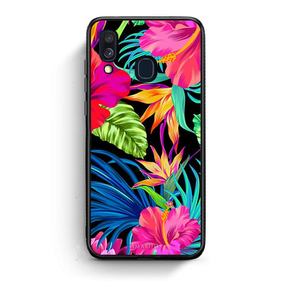 Samsung A40 Tropical Flowers θήκη από τη Smartfits με σχέδιο στο πίσω μέρος και μαύρο περίβλημα | Smartphone case with colorful back and black bezels by Smartfits