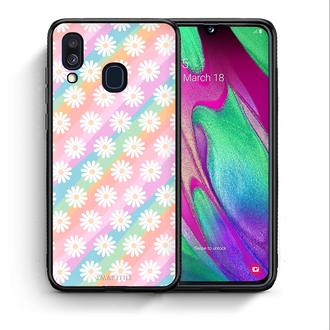 Θήκη Samsung A40 White Daisies από τη Smartfits με σχέδιο στο πίσω μέρος και μαύρο περίβλημα | Samsung A40 White Daisies case with colorful back and black bezels