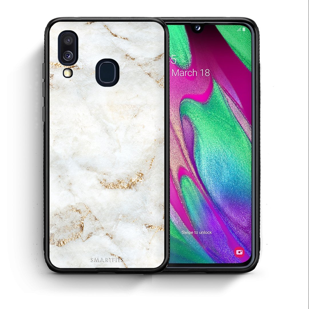 Θήκη Samsung A40 White Gold Marble από τη Smartfits με σχέδιο στο πίσω μέρος και μαύρο περίβλημα | Samsung A40 White Gold Marble case with colorful back and black bezels