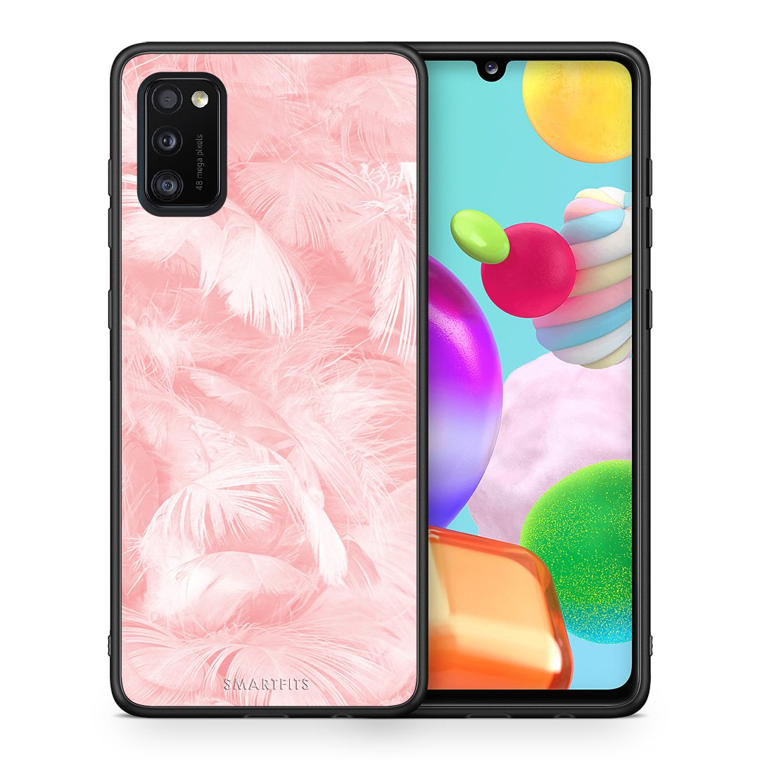 Θήκη Samsung A41 Pink Feather Boho από τη Smartfits με σχέδιο στο πίσω μέρος και μαύρο περίβλημα | Samsung A41 Pink Feather Boho case with colorful back and black bezels