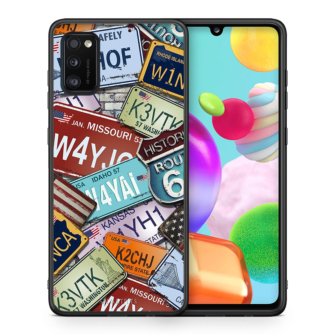 Θήκη Samsung A41 Car Plates από τη Smartfits με σχέδιο στο πίσω μέρος και μαύρο περίβλημα | Samsung A41 Car Plates case with colorful back and black bezels