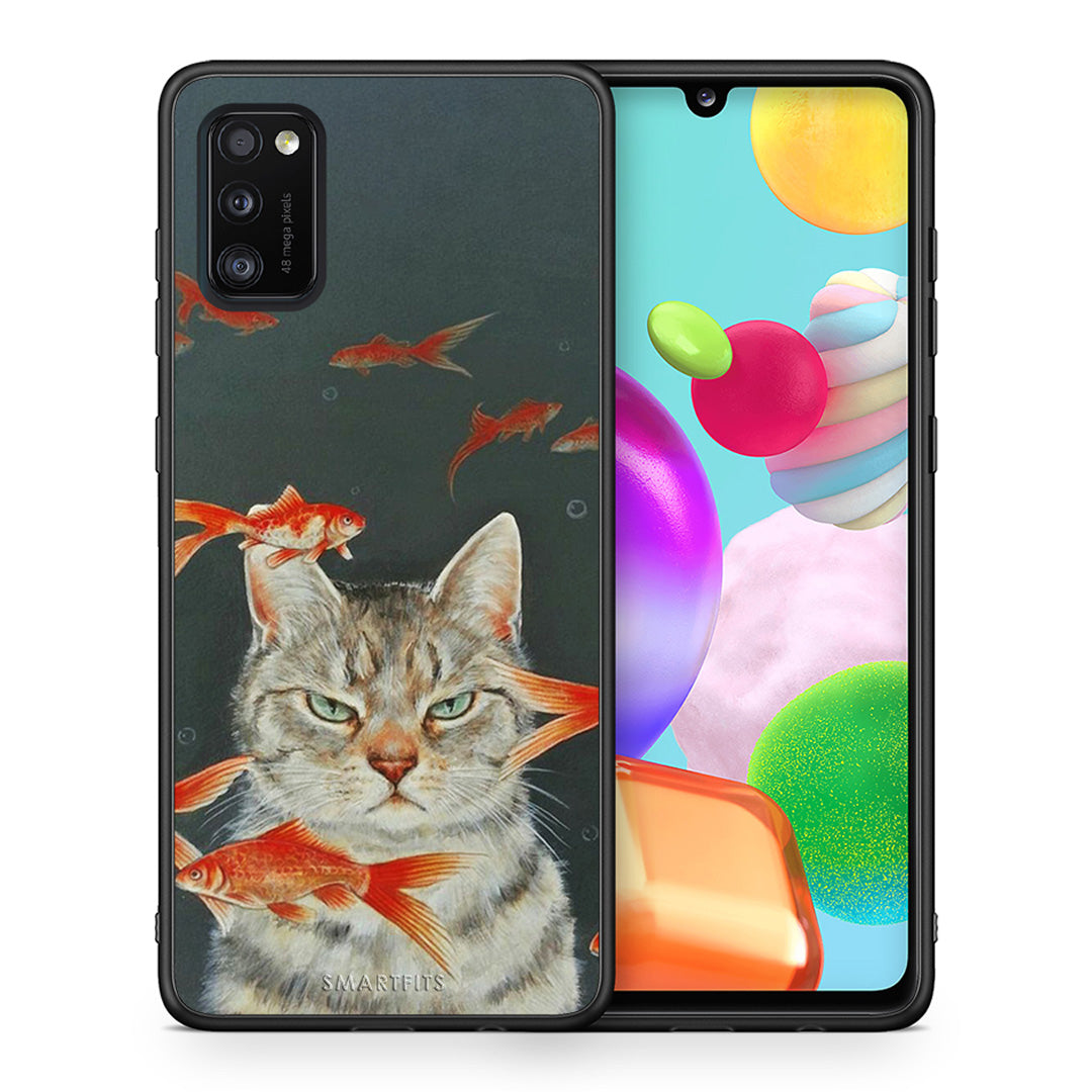 Θήκη Samsung A41 Cat Goldfish από τη Smartfits με σχέδιο στο πίσω μέρος και μαύρο περίβλημα | Samsung A41 Cat Goldfish case with colorful back and black bezels
