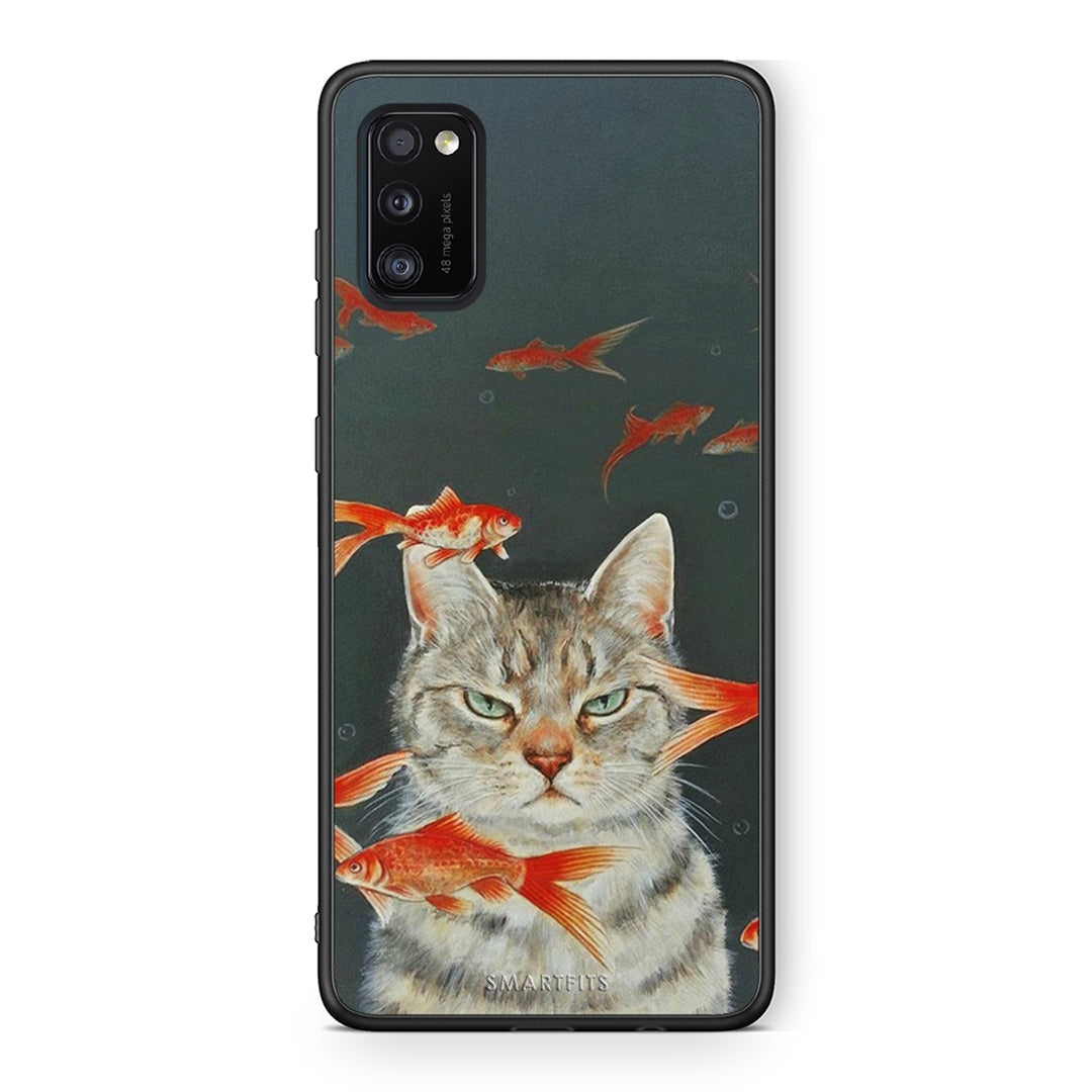 Samsung A41 Cat Goldfish θήκη από τη Smartfits με σχέδιο στο πίσω μέρος και μαύρο περίβλημα | Smartphone case with colorful back and black bezels by Smartfits