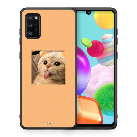 Θήκη Samsung A41 Cat Tongue από τη Smartfits με σχέδιο στο πίσω μέρος και μαύρο περίβλημα | Samsung A41 Cat Tongue case with colorful back and black bezels