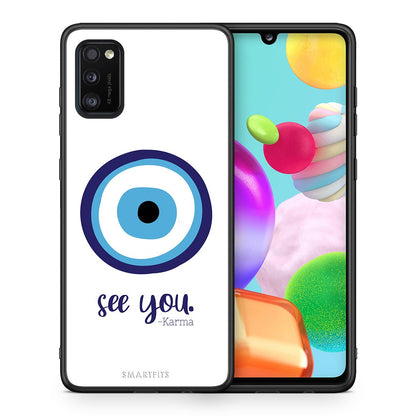 Θήκη Samsung A41 Karma Says από τη Smartfits με σχέδιο στο πίσω μέρος και μαύρο περίβλημα | Samsung A41 Karma Says case with colorful back and black bezels