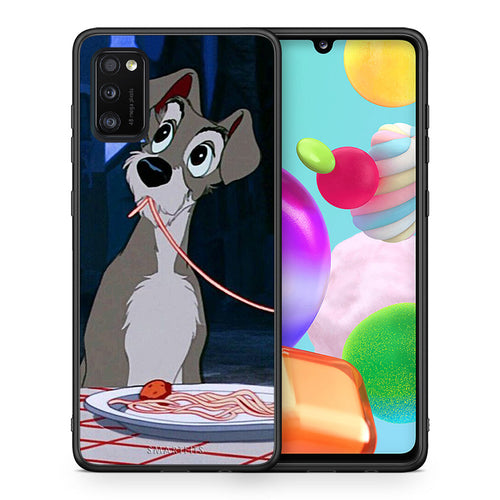 Θήκη Αγίου Βαλεντίνου Samsung A41 Lady And Tramp 1 από τη Smartfits με σχέδιο στο πίσω μέρος και μαύρο περίβλημα | Samsung A41 Lady And Tramp 1 case with colorful back and black bezels