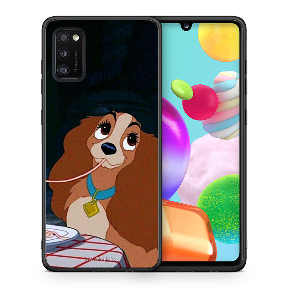Θήκη Αγίου Βαλεντίνου Samsung A41 Lady And Tramp 2 από τη Smartfits με σχέδιο στο πίσω μέρος και μαύρο περίβλημα | Samsung A41 Lady And Tramp 2 case with colorful back and black bezels