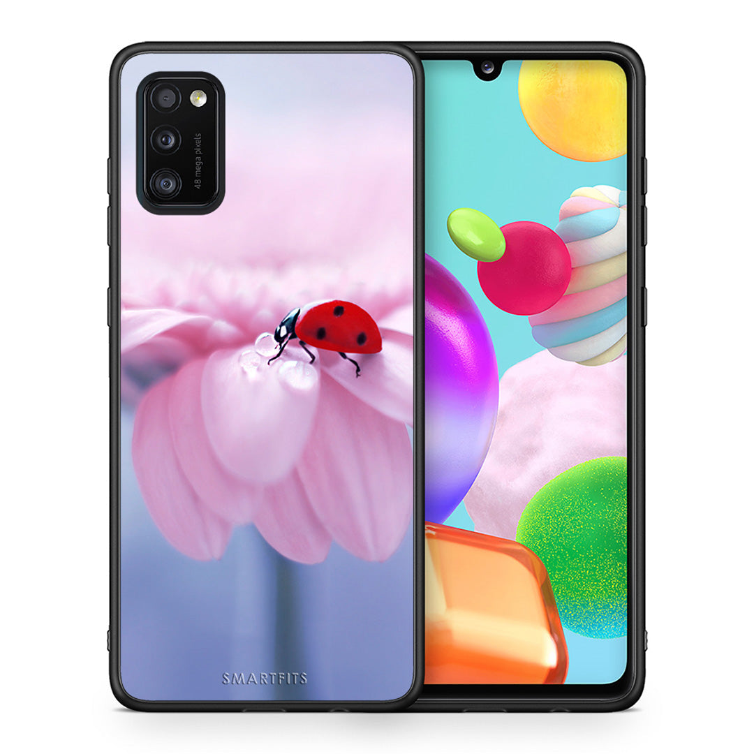 Θήκη Samsung A41 Ladybug Flower από τη Smartfits με σχέδιο στο πίσω μέρος και μαύρο περίβλημα | Samsung A41 Ladybug Flower case with colorful back and black bezels