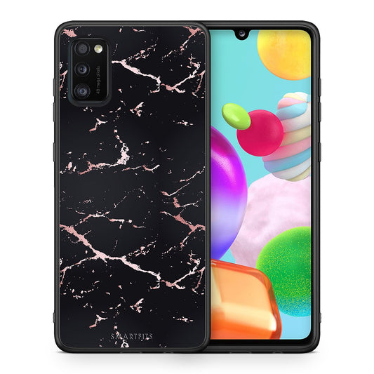 Θήκη Samsung A41 Black Rosegold Marble από τη Smartfits με σχέδιο στο πίσω μέρος και μαύρο περίβλημα | Samsung A41 Black Rosegold Marble case with colorful back and black bezels