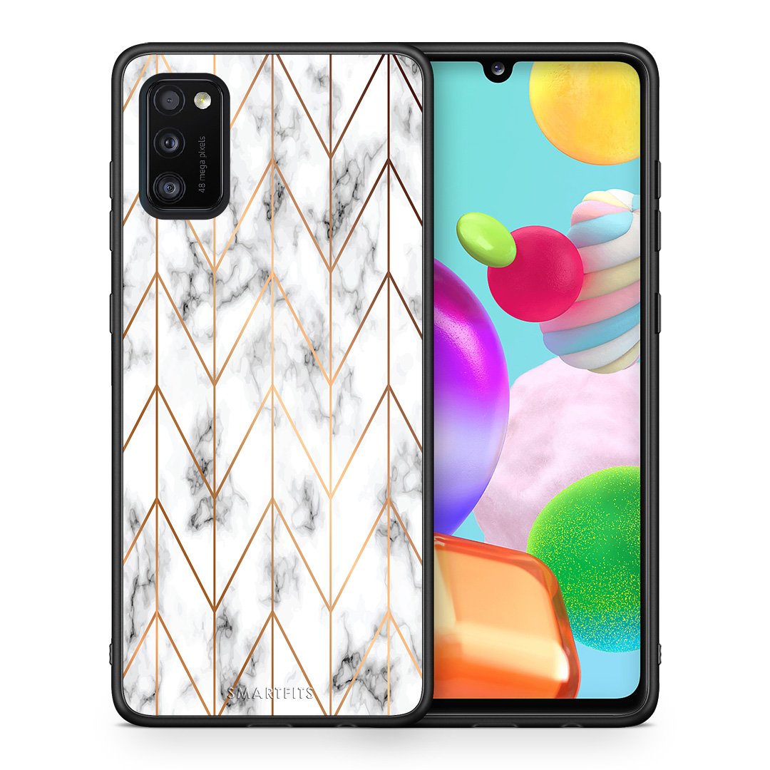 Θήκη Samsung A41 Gold Geometric Marble από τη Smartfits με σχέδιο στο πίσω μέρος και μαύρο περίβλημα | Samsung A41 Gold Geometric Marble case with colorful back and black bezels
