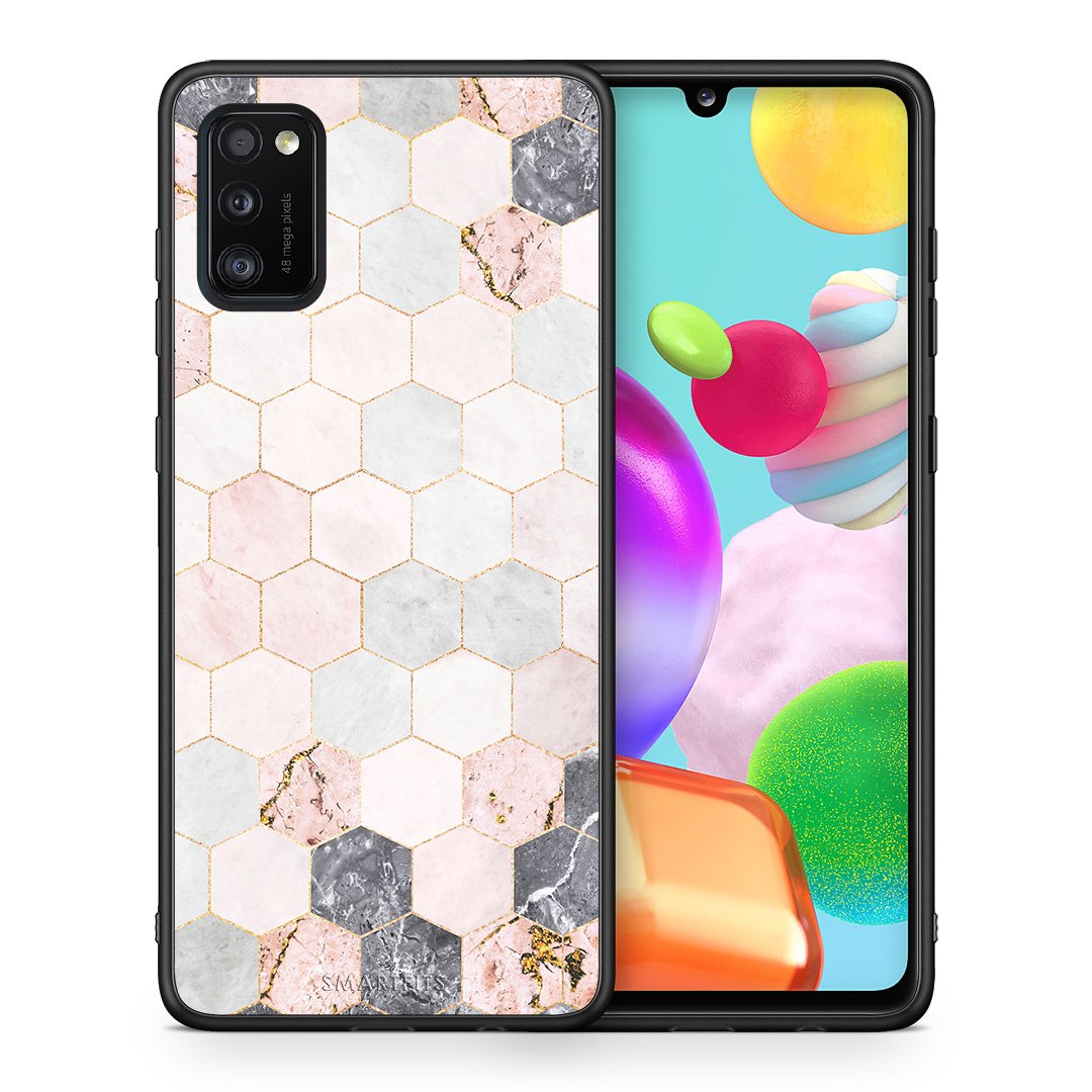Θήκη Samsung A41 Hexagon Pink Marble από τη Smartfits με σχέδιο στο πίσω μέρος και μαύρο περίβλημα | Samsung A41 Hexagon Pink Marble case with colorful back and black bezels