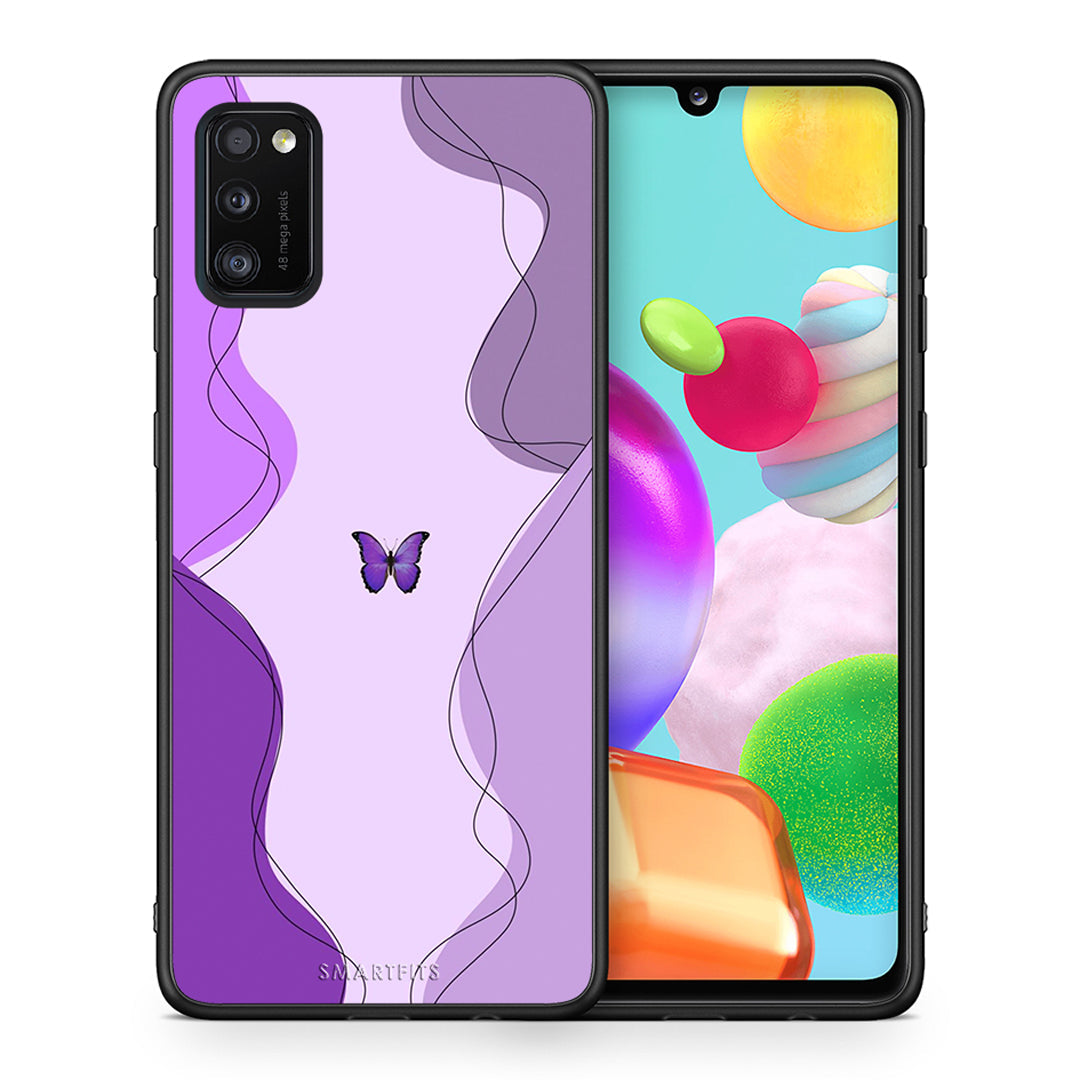 Θήκη Αγίου Βαλεντίνου Samsung A41 Purple Mariposa από τη Smartfits με σχέδιο στο πίσω μέρος και μαύρο περίβλημα | Samsung A41 Purple Mariposa case with colorful back and black bezels