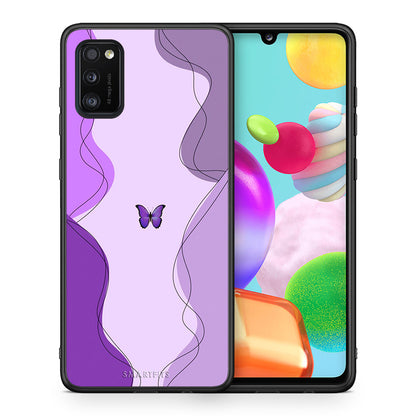 Θήκη Αγίου Βαλεντίνου Samsung A41 Purple Mariposa από τη Smartfits με σχέδιο στο πίσω μέρος και μαύρο περίβλημα | Samsung A41 Purple Mariposa case with colorful back and black bezels