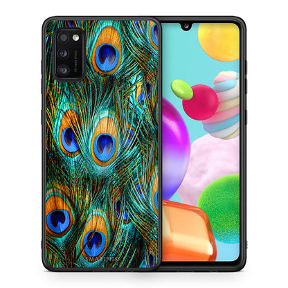 Θήκη Samsung A41 Real Peacock Feathers από τη Smartfits με σχέδιο στο πίσω μέρος και μαύρο περίβλημα | Samsung A41 Real Peacock Feathers case with colorful back and black bezels
