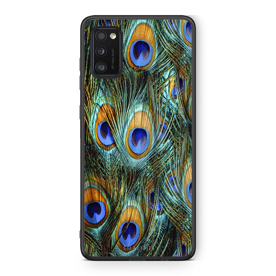 Samsung A41 Real Peacock Feathers θήκη από τη Smartfits με σχέδιο στο πίσω μέρος και μαύρο περίβλημα | Smartphone case with colorful back and black bezels by Smartfits