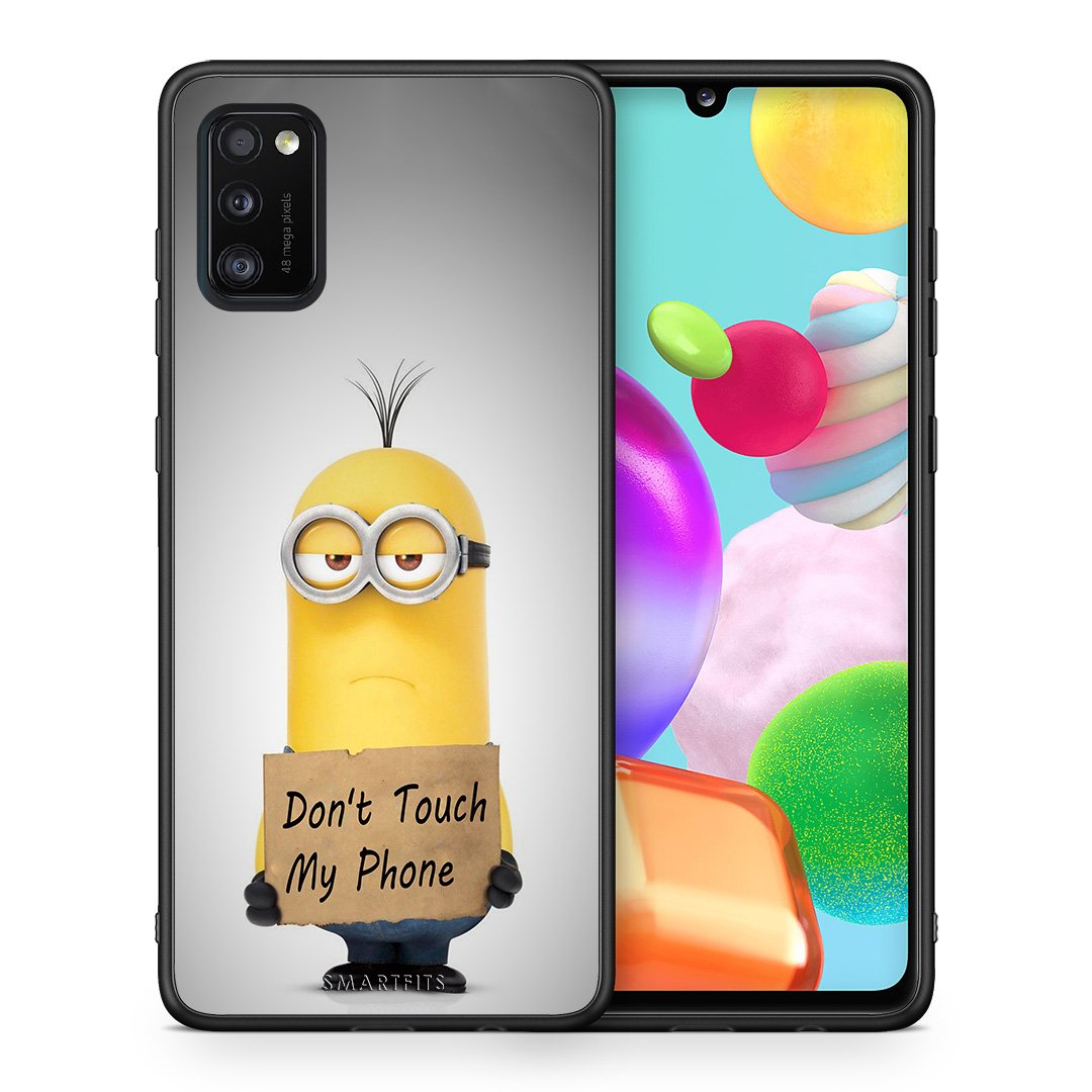 Θήκη Samsung A41 Minion Text από τη Smartfits με σχέδιο στο πίσω μέρος και μαύρο περίβλημα | Samsung A41 Minion Text case with colorful back and black bezels