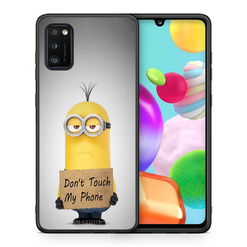 Θήκη Samsung A41 Minion Text από τη Smartfits με σχέδιο στο πίσω μέρος και μαύρο περίβλημα | Samsung A41 Minion Text case with colorful back and black bezels