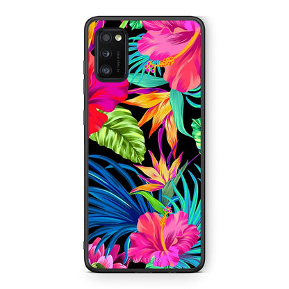Samsung A41 Tropical Flowers θήκη από τη Smartfits με σχέδιο στο πίσω μέρος και μαύρο περίβλημα | Smartphone case with colorful back and black bezels by Smartfits