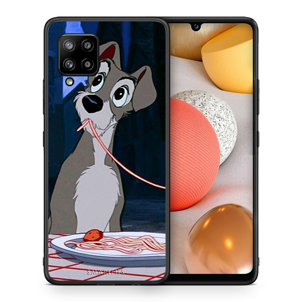 Θήκη Αγίου Βαλεντίνου Samsung Galaxy A42 Lady And Tramp 1 από τη Smartfits με σχέδιο στο πίσω μέρος και μαύρο περίβλημα | Samsung Galaxy A42 Lady And Tramp 1 case with colorful back and black bezels