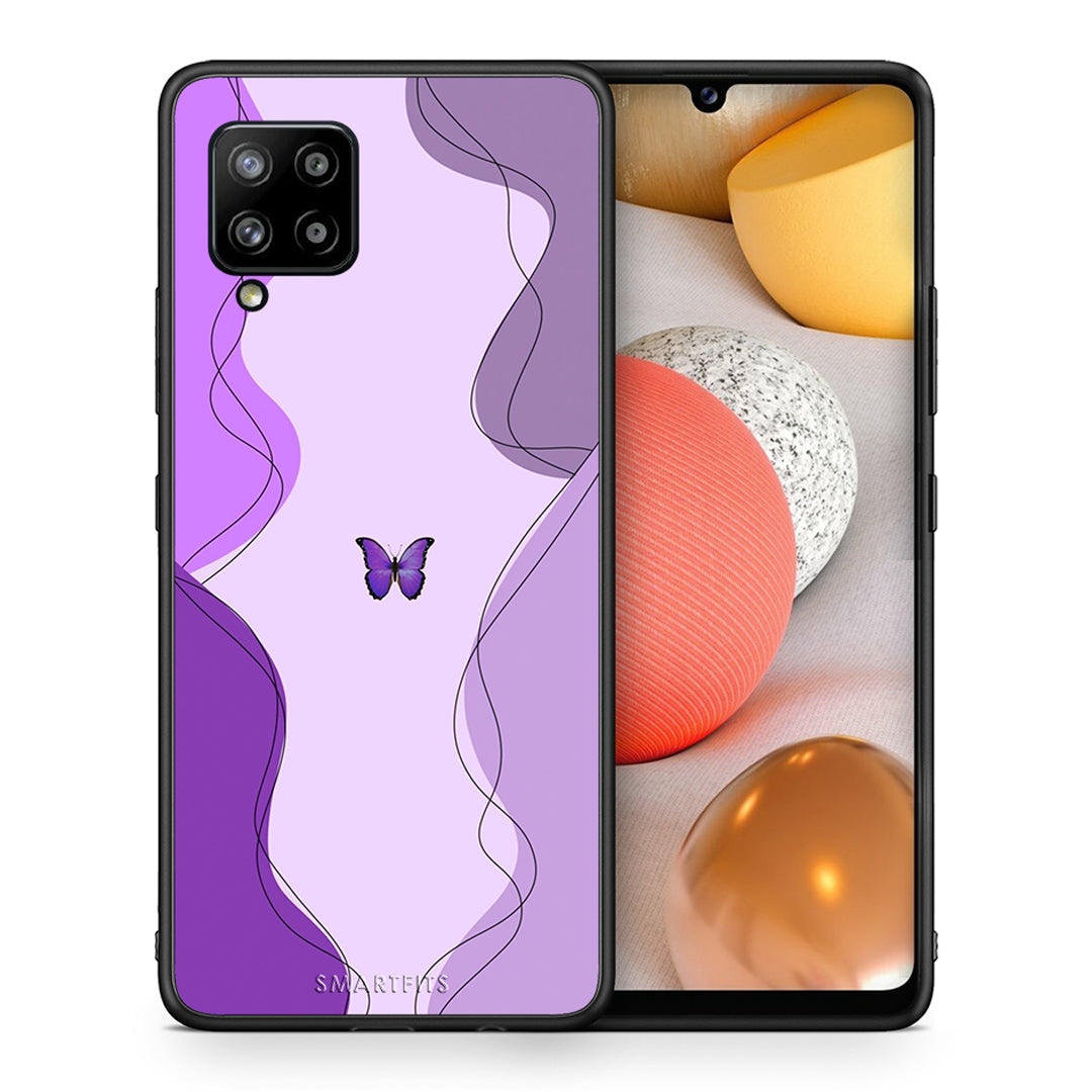 Θήκη Αγίου Βαλεντίνου Samsung Galaxy A42 Purple Mariposa από τη Smartfits με σχέδιο στο πίσω μέρος και μαύρο περίβλημα | Samsung Galaxy A42 Purple Mariposa case with colorful back and black bezels