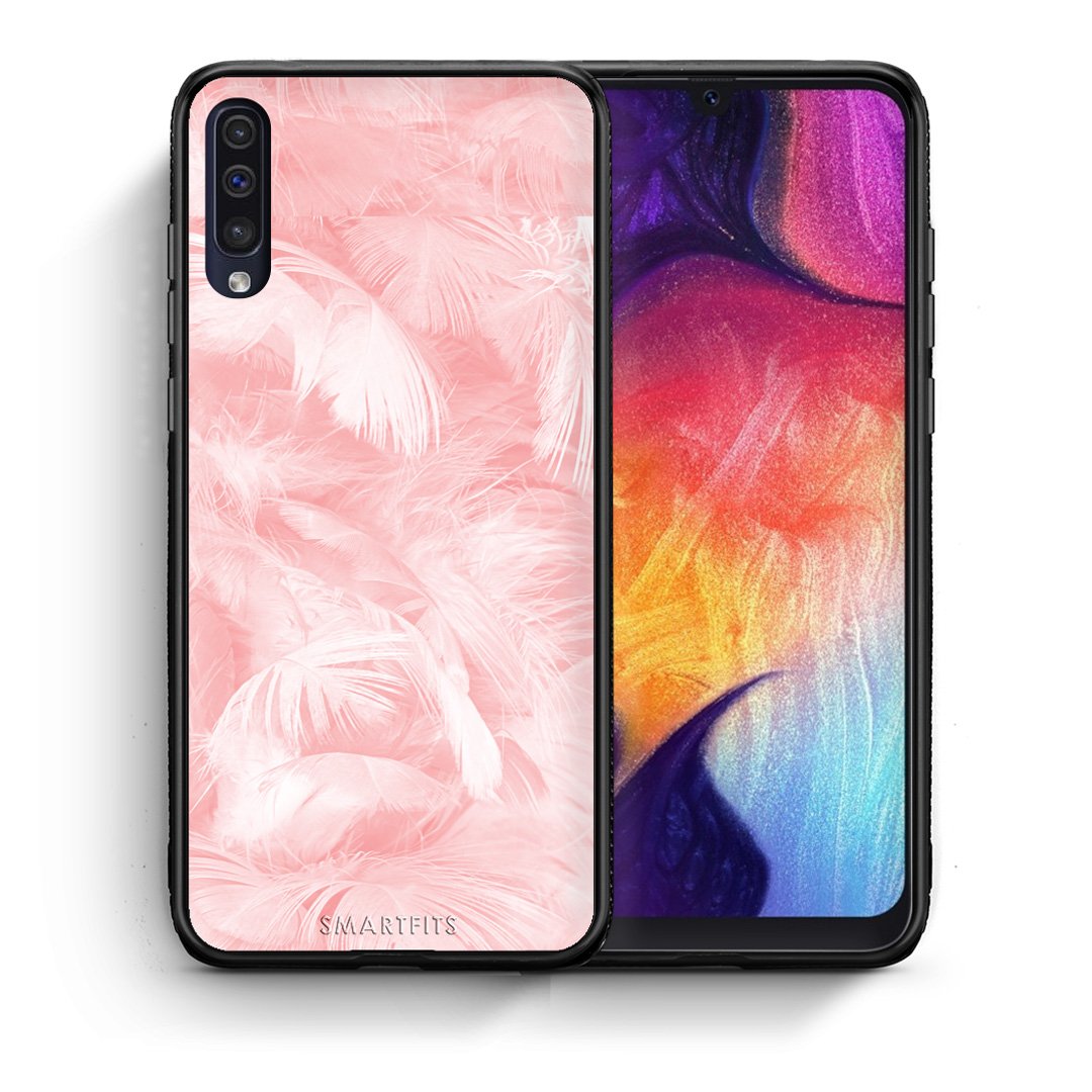 Θήκη Samsung A50/A30s Pink Feather Boho από τη Smartfits με σχέδιο στο πίσω μέρος και μαύρο περίβλημα | Samsung A50/A30s Pink Feather Boho case with colorful back and black bezels