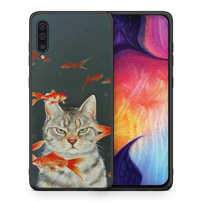 Θήκη Samsung A50/A30s Cat Goldfish από τη Smartfits με σχέδιο στο πίσω μέρος και μαύρο περίβλημα | Samsung A50/A30s Cat Goldfish case with colorful back and black bezels