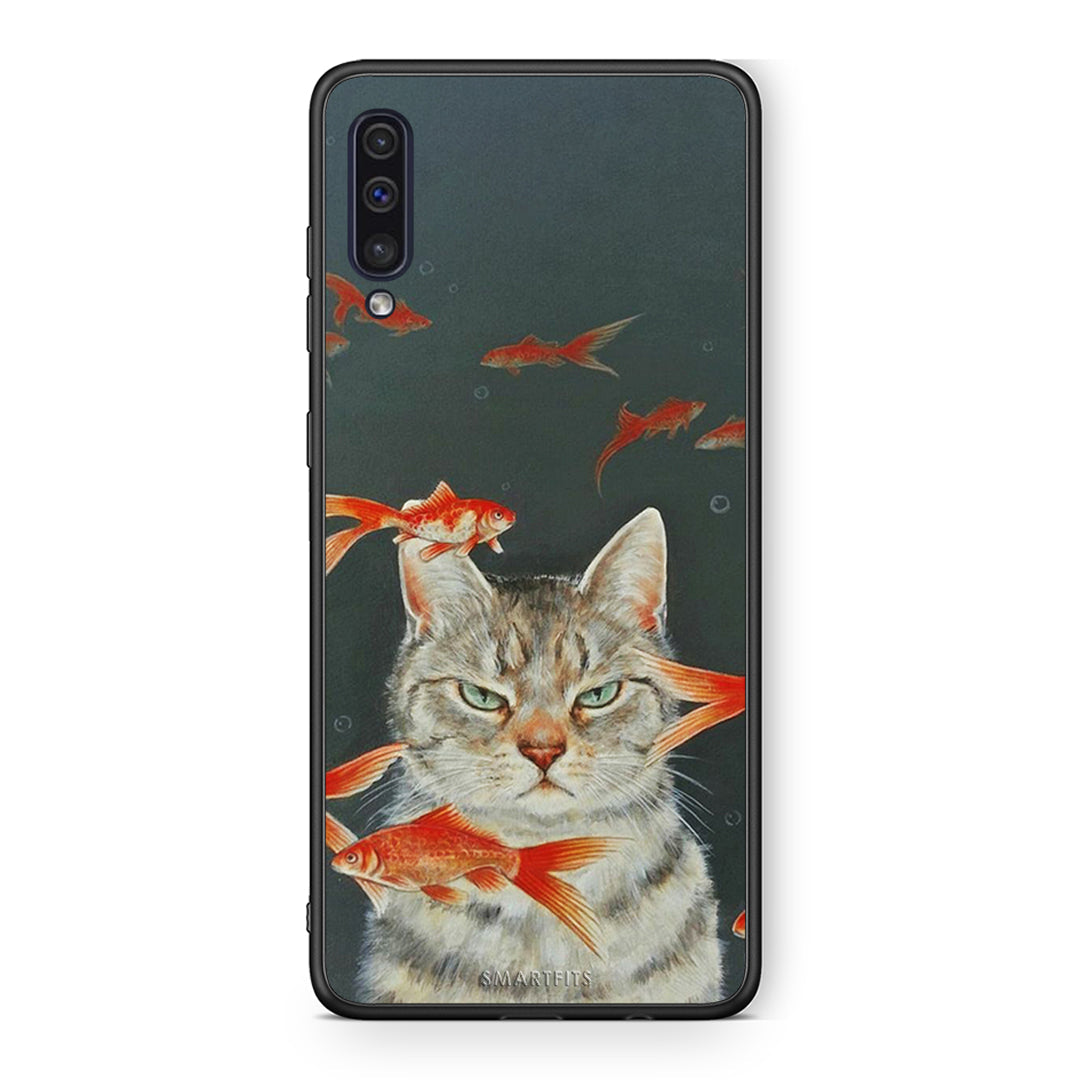 samsung a50 Cat Goldfish θήκη από τη Smartfits με σχέδιο στο πίσω μέρος και μαύρο περίβλημα | Smartphone case with colorful back and black bezels by Smartfits
