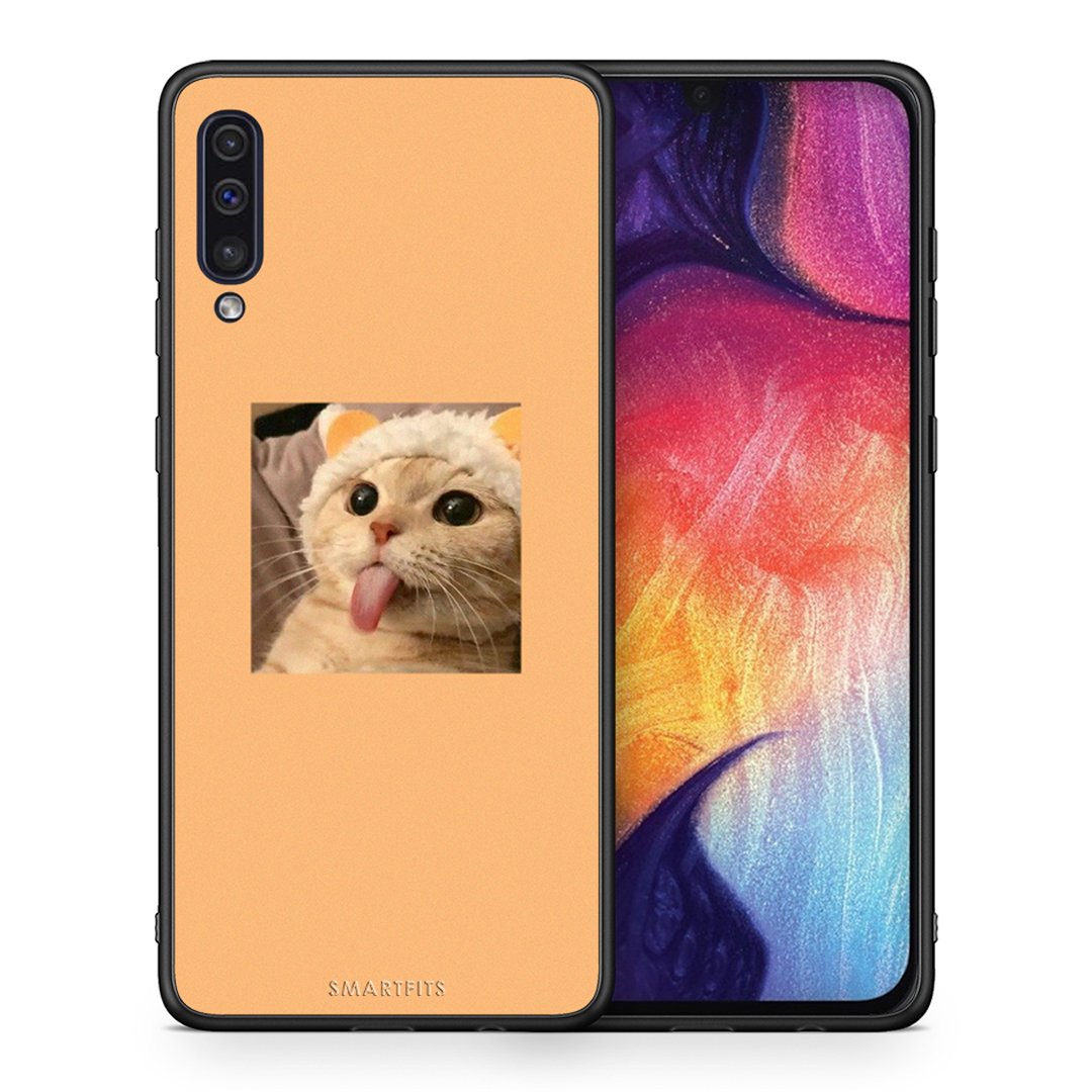 Θήκη Samsung A50/A30s Cat Tongue από τη Smartfits με σχέδιο στο πίσω μέρος και μαύρο περίβλημα | Samsung A50/A30s Cat Tongue case with colorful back and black bezels