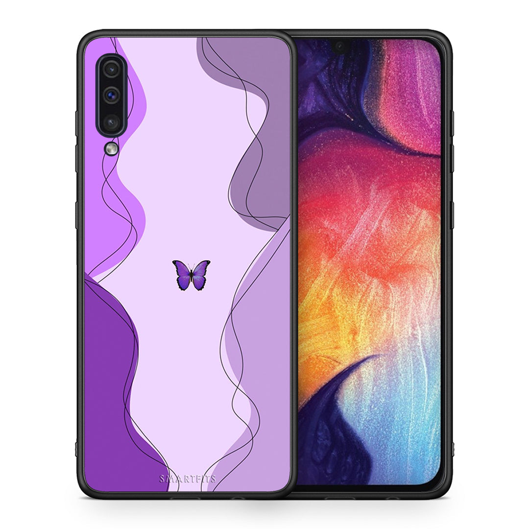 Θήκη Αγίου Βαλεντίνου Samsung A50 / A30s Purple Mariposa από τη Smartfits με σχέδιο στο πίσω μέρος και μαύρο περίβλημα | Samsung A50 / A30s Purple Mariposa case with colorful back and black bezels