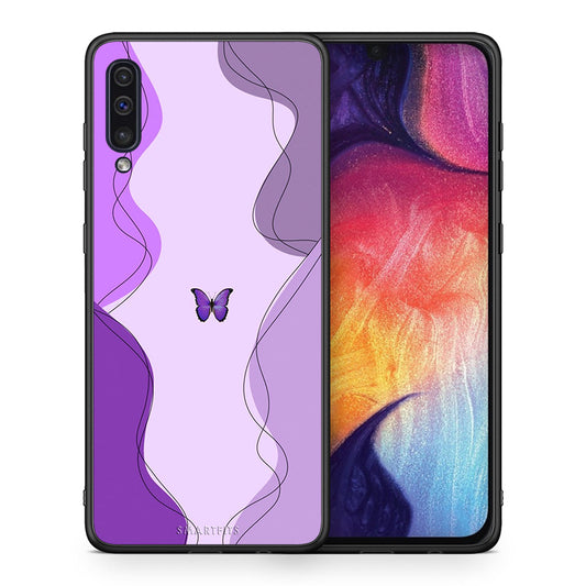 Θήκη Αγίου Βαλεντίνου Samsung A50 / A30s Purple Mariposa από τη Smartfits με σχέδιο στο πίσω μέρος και μαύρο περίβλημα | Samsung A50 / A30s Purple Mariposa case with colorful back and black bezels