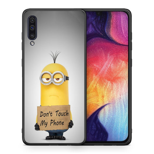 Θήκη Samsung A50/A30s Minion Text από τη Smartfits με σχέδιο στο πίσω μέρος και μαύρο περίβλημα | Samsung A50/A30s Minion Text case with colorful back and black bezels