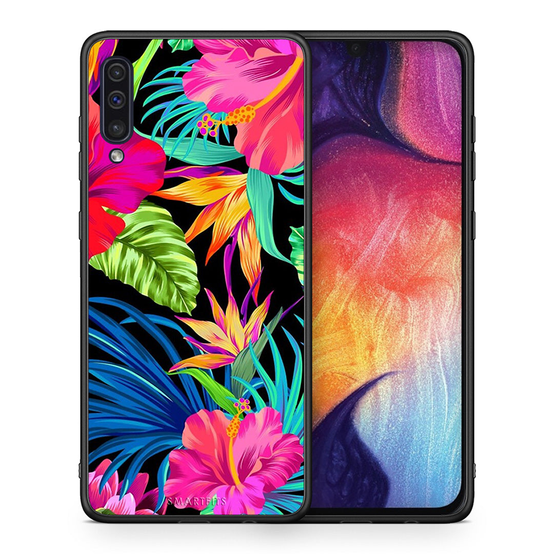 Θήκη Samsung A50/A30s Tropical Flowers από τη Smartfits με σχέδιο στο πίσω μέρος και μαύρο περίβλημα | Samsung A50/A30s Tropical Flowers case with colorful back and black bezels