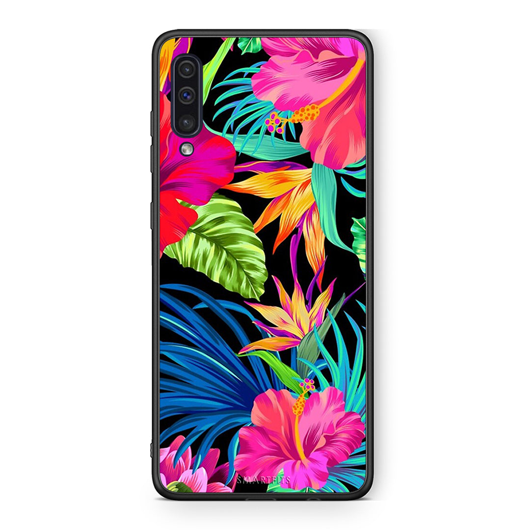 samsung a50 Tropical Flowers θήκη από τη Smartfits με σχέδιο στο πίσω μέρος και μαύρο περίβλημα | Smartphone case with colorful back and black bezels by Smartfits
