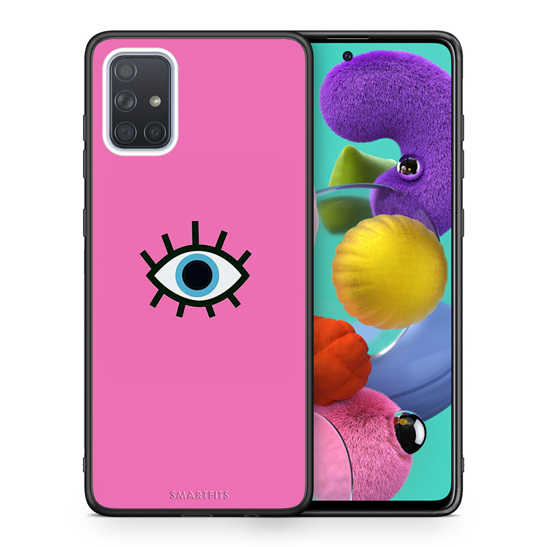 Θήκη Samsung A51 Blue Eye Pink από τη Smartfits με σχέδιο στο πίσω μέρος και μαύρο περίβλημα | Samsung A51 Blue Eye Pink case with colorful back and black bezels