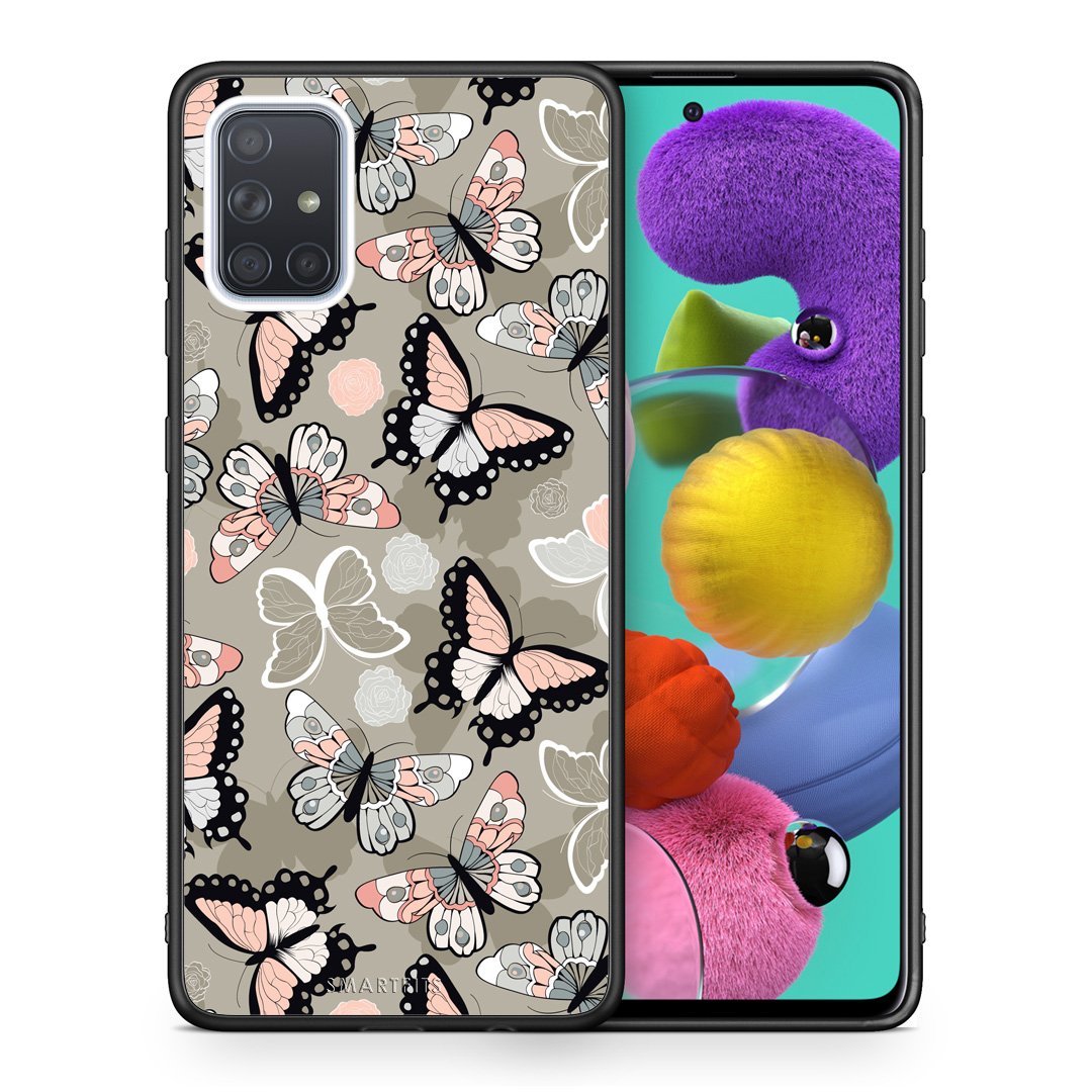 Θήκη Samsung A51 Butterflies Boho από τη Smartfits με σχέδιο στο πίσω μέρος και μαύρο περίβλημα | Samsung A51 Butterflies Boho case with colorful back and black bezels