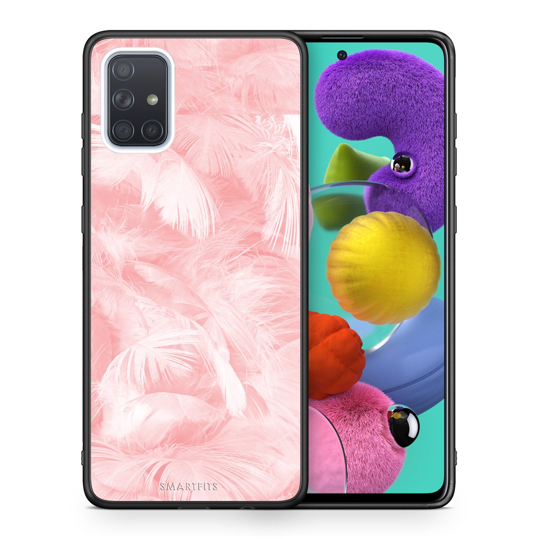 Θήκη Samsung A51 Pink Feather Boho από τη Smartfits με σχέδιο στο πίσω μέρος και μαύρο περίβλημα | Samsung A51 Pink Feather Boho case with colorful back and black bezels