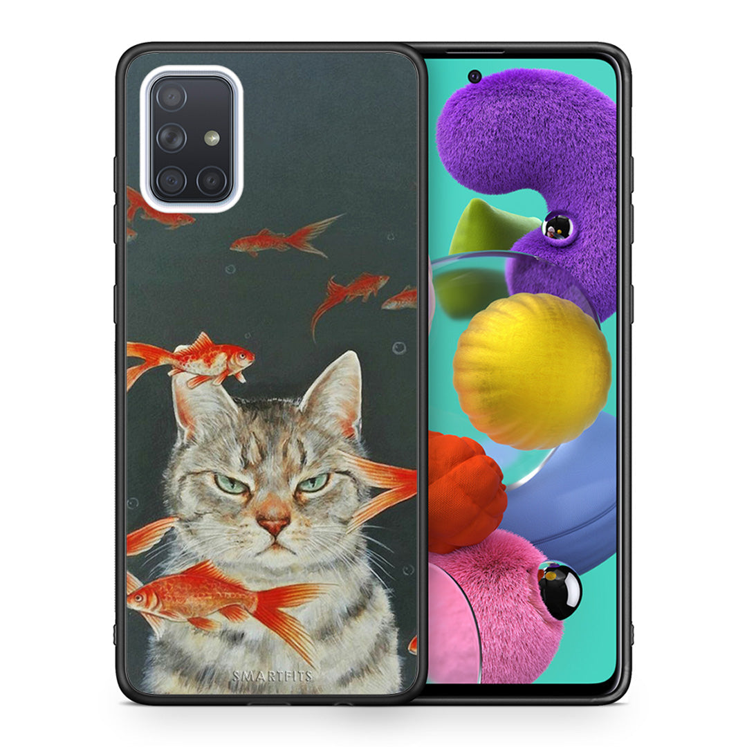 Θήκη Samsung A51 Cat Goldfish από τη Smartfits με σχέδιο στο πίσω μέρος και μαύρο περίβλημα | Samsung A51 Cat Goldfish case with colorful back and black bezels