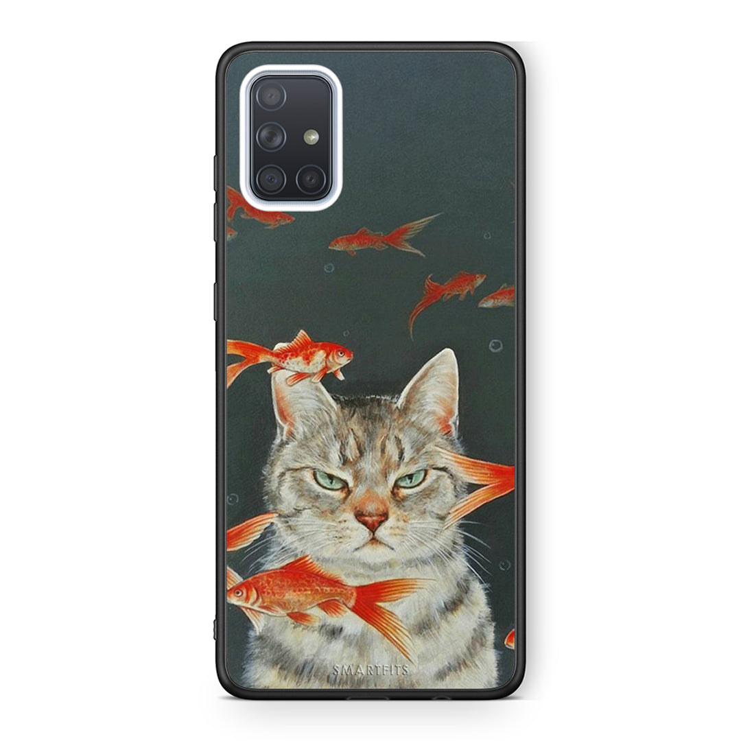 Samsung A71 Cat Goldfish θήκη από τη Smartfits με σχέδιο στο πίσω μέρος και μαύρο περίβλημα | Smartphone case with colorful back and black bezels by Smartfits
