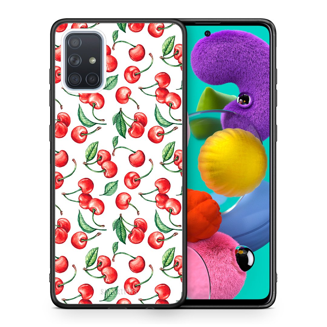 Θήκη Samsung A51 Cherry Summer από τη Smartfits με σχέδιο στο πίσω μέρος και μαύρο περίβλημα | Samsung A51 Cherry Summer case with colorful back and black bezels