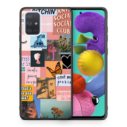 Θήκη Αγίου Βαλεντίνου Samsung A51 Collage Bitchin από τη Smartfits με σχέδιο στο πίσω μέρος και μαύρο περίβλημα | Samsung A51 Collage Bitchin case with colorful back and black bezels